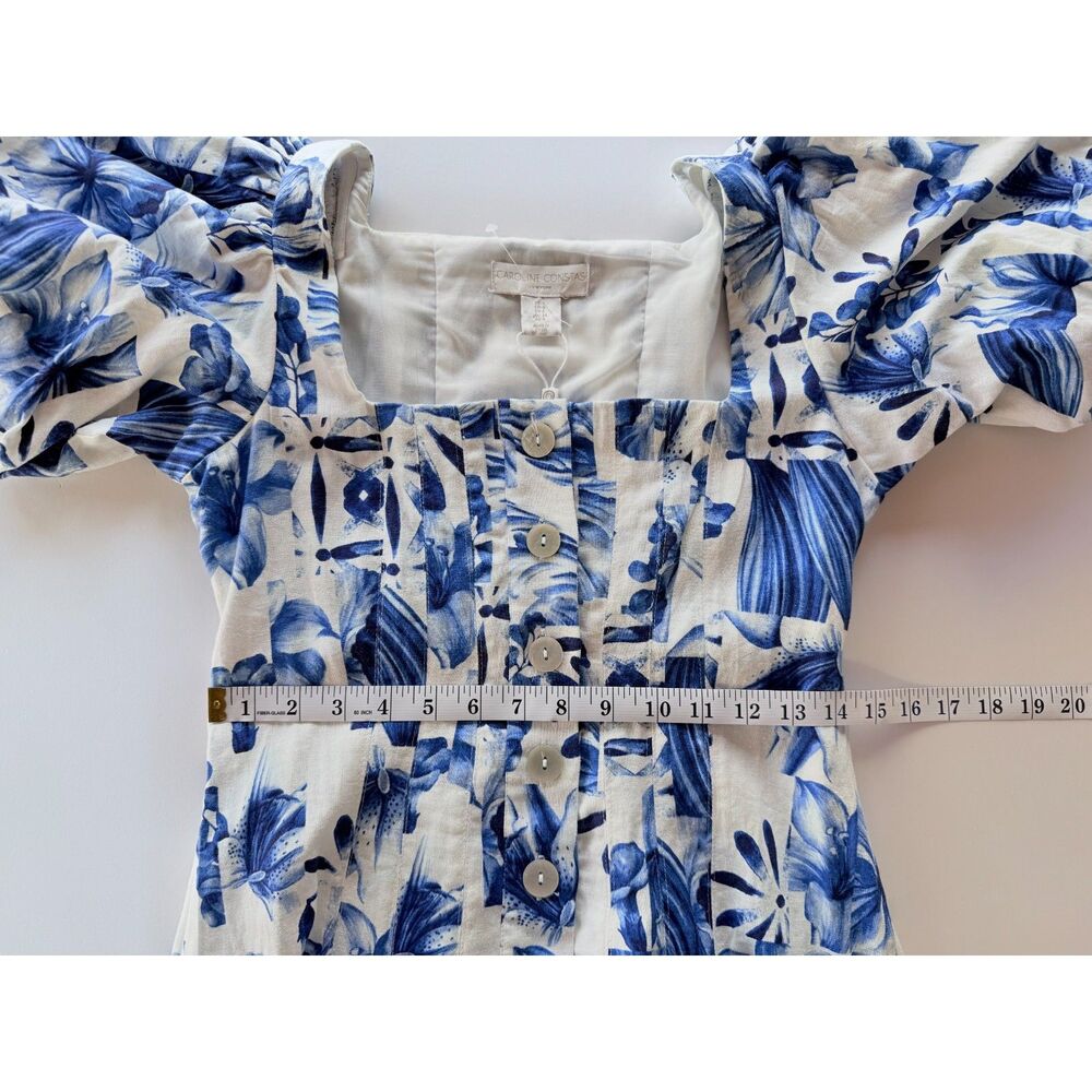 NEW Caroline Constas Button Front Hibiscus Tile Dress in Blue & White Size 4 - Picture 9 of 11